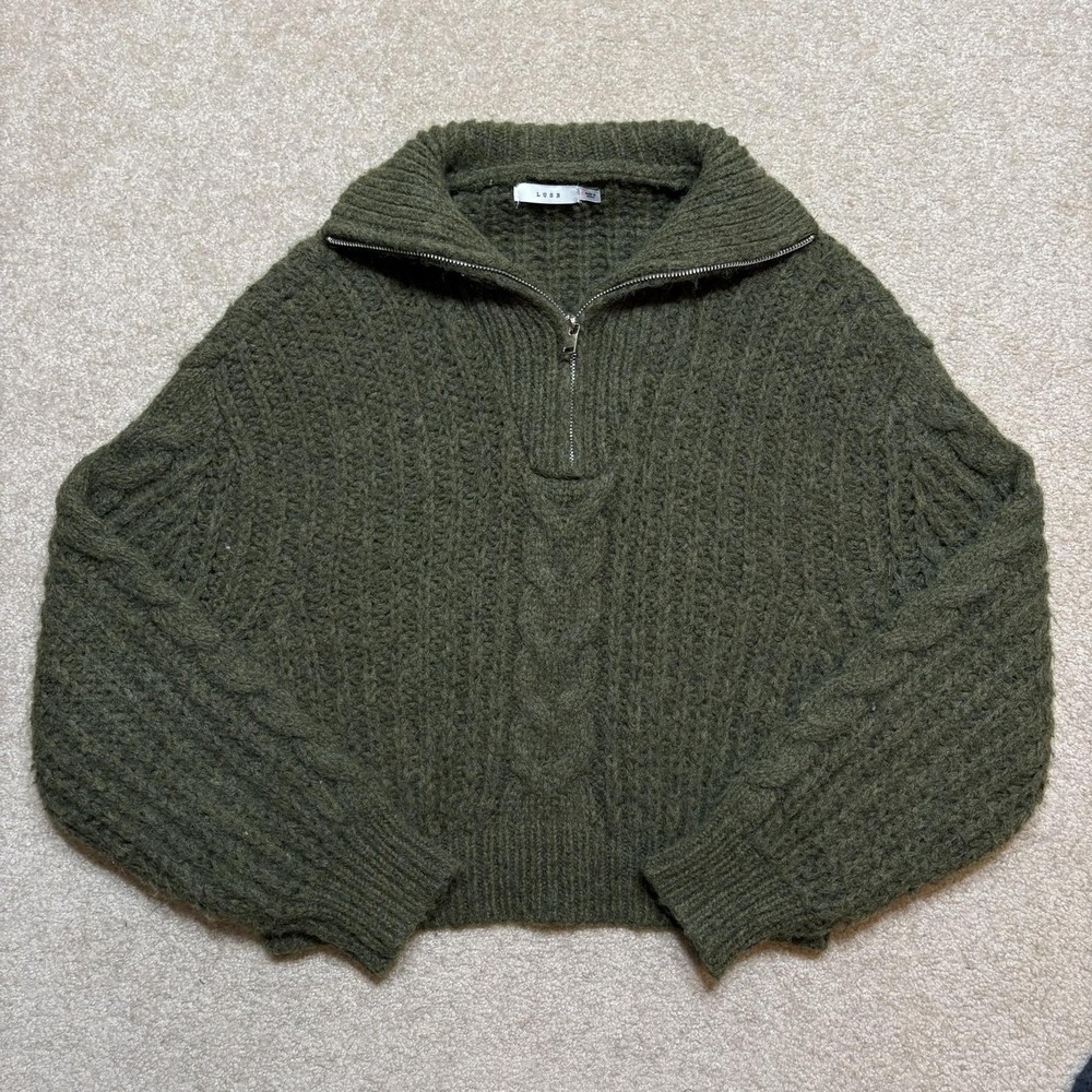 Lush Sweater Small Green Chunky Cable Knit 1/2 Zip Turtleneck Cozy Anthropologie